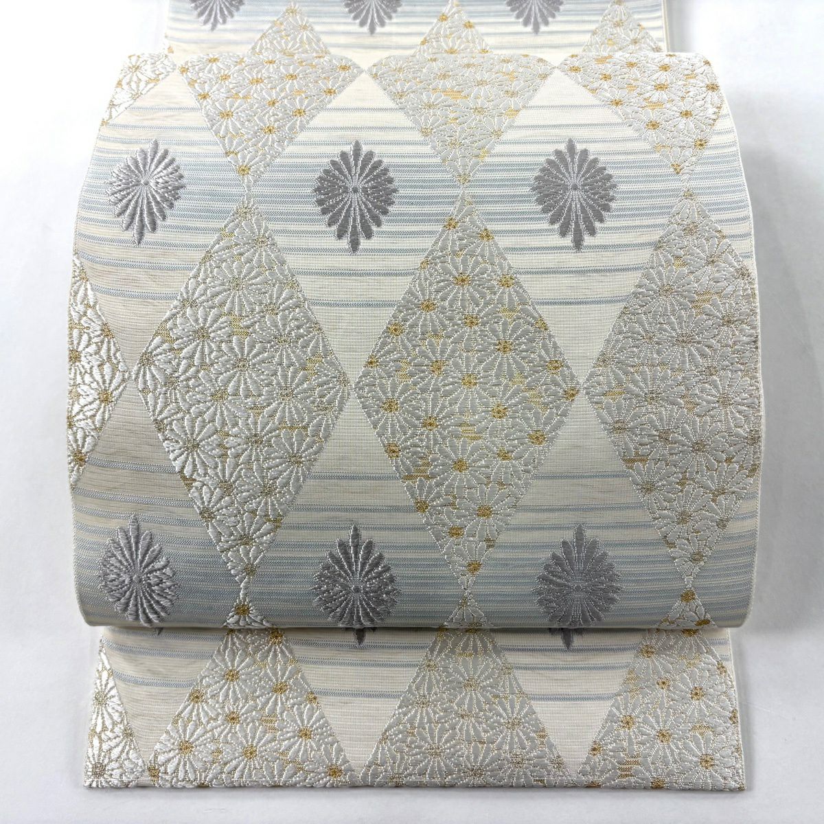 【美品】 袋帶 逸品級 菱花 刺繡 金金箔 奶油色 六通 純蠶絲