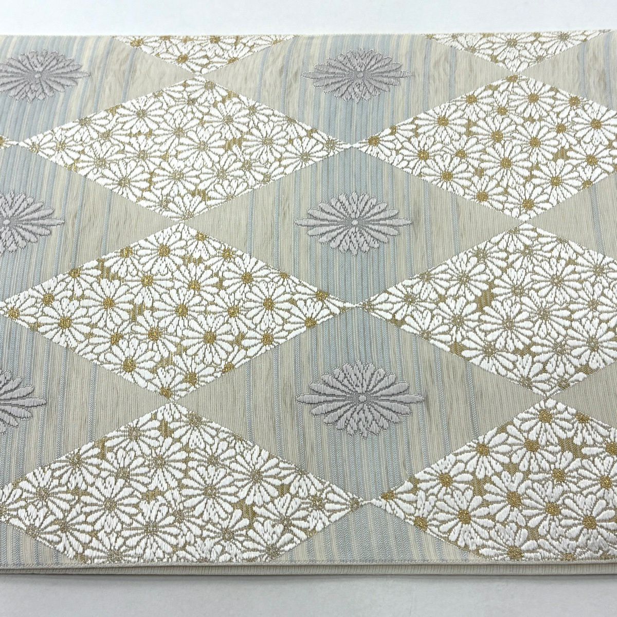 【美品】 袋帶 逸品級 菱花 刺繡 金金箔 奶油色 六通 純蠶絲