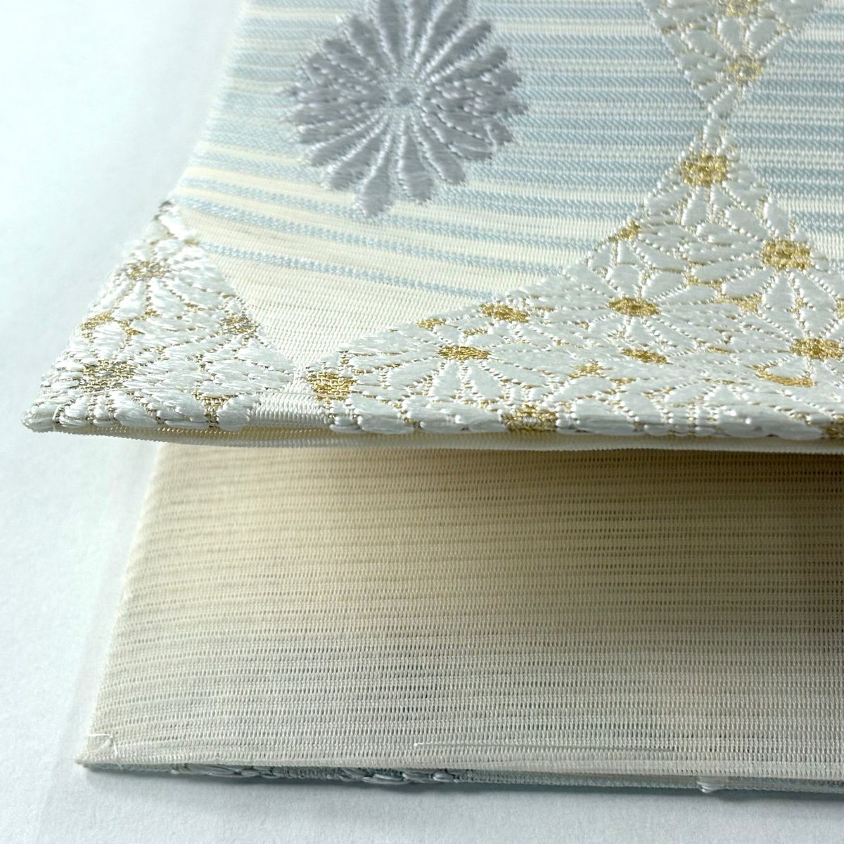 【美品】 袋帶 逸品級 菱花 刺繡 金金箔 奶油色 六通 純蠶絲