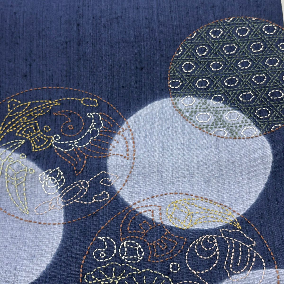 【美品】 袋帶 逸品級 紬織織 圓文 寶物滿載 刺繡 藍 六通 純蠶絲