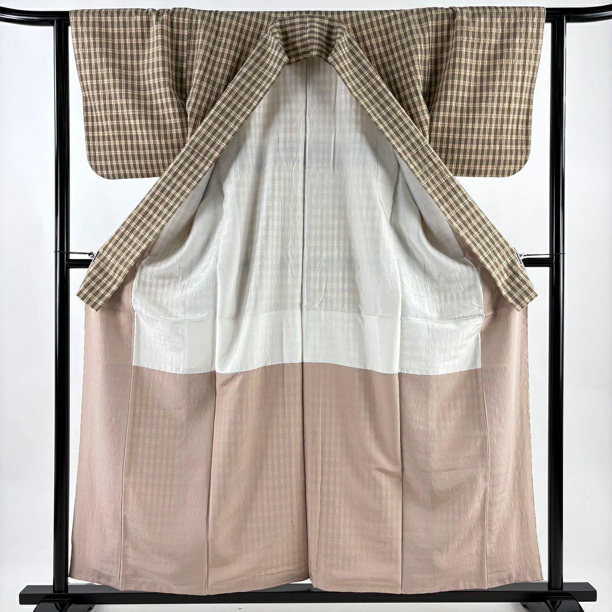 紬織 身長158.5cm 袖長63cm S 雙層 格子 米色 純蠶絲 名品級