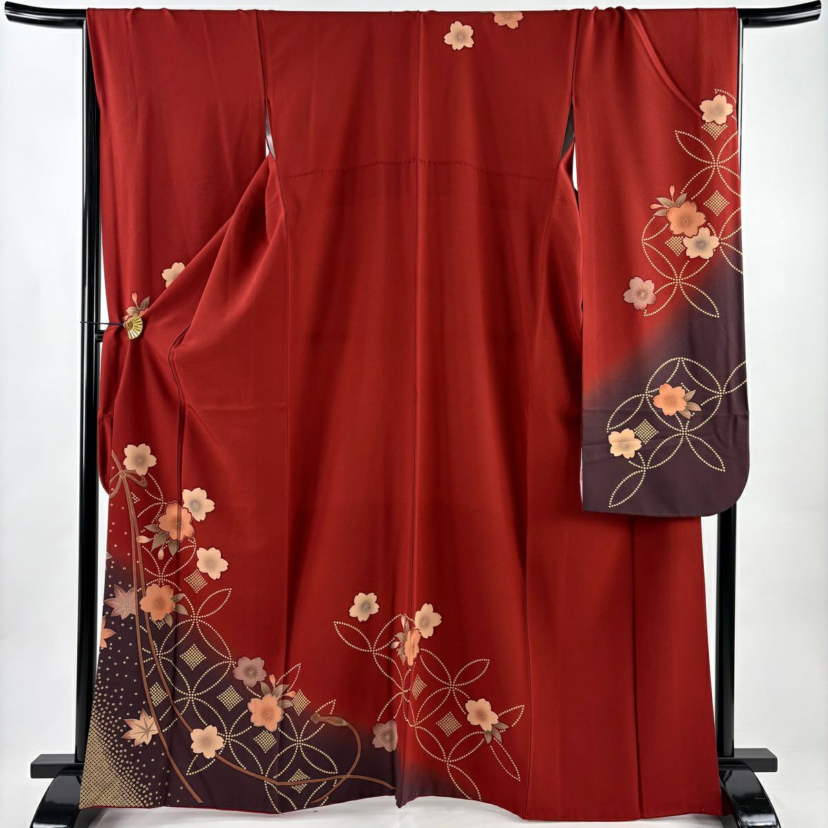【美品】振袖禮服 身長165.5cm 袖長68cm L 雙層櫻花七寶染分 えんじ色 純蠶絲 名品級