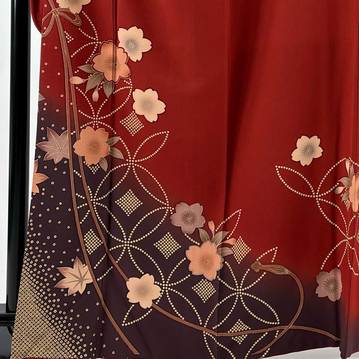 【美品】振袖禮服 身長165.5cm 袖長68cm L 雙層櫻花七寶染分 えんじ色 純蠶絲 名品級