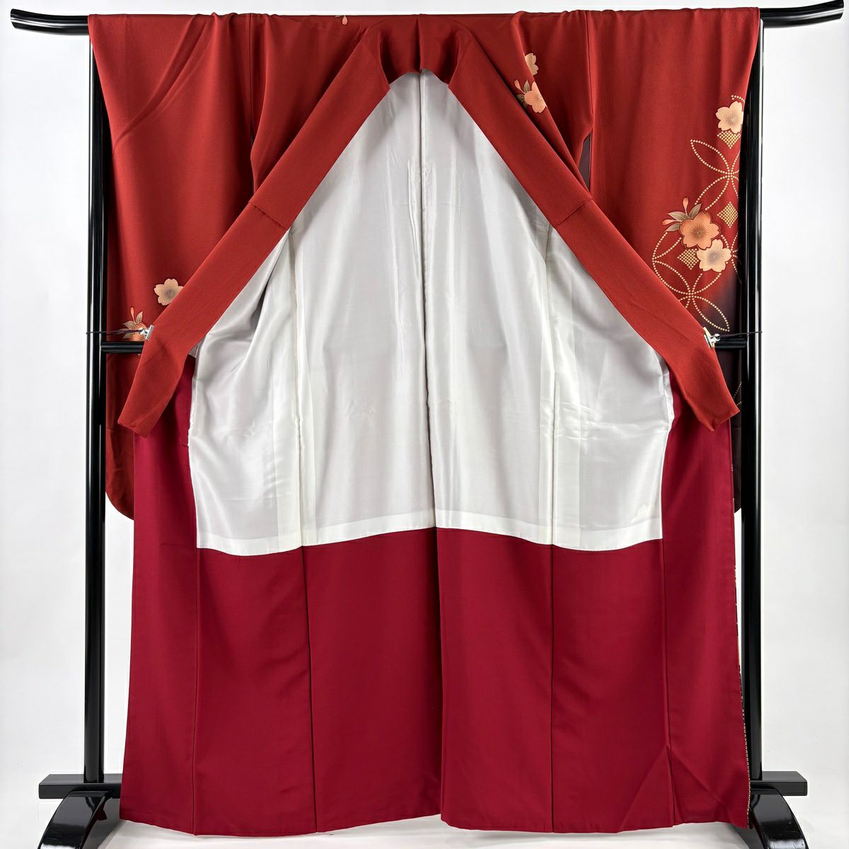 【美品】振袖禮服 身長165.5cm 袖長68cm L 雙層櫻花七寶染分 えんじ色 純蠶絲 名品級