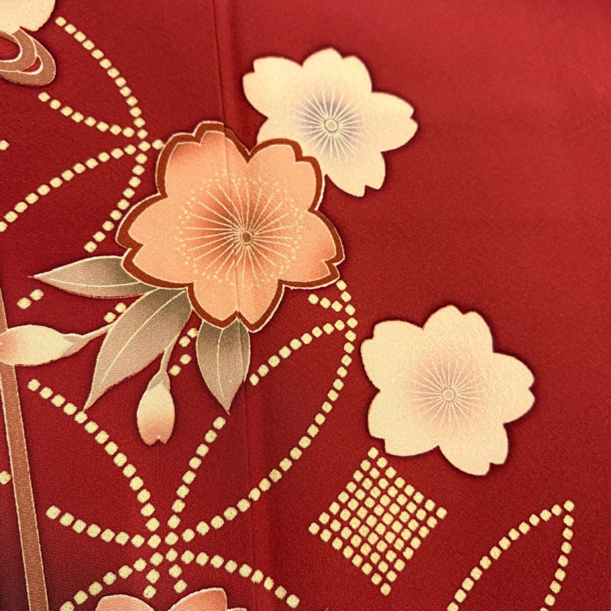 【美品】振袖禮服 身長165.5cm 袖長68cm L 雙層櫻花七寶染分 えんじ色 純蠶絲 名品級