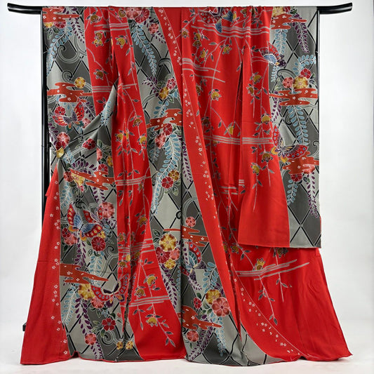 【美品】振袖禮服 身長174.5cm 袖長74cm 未裁縫 仮絵羽 蝶 櫻花 染分 縮緬 紅 純蠶絲 名品級