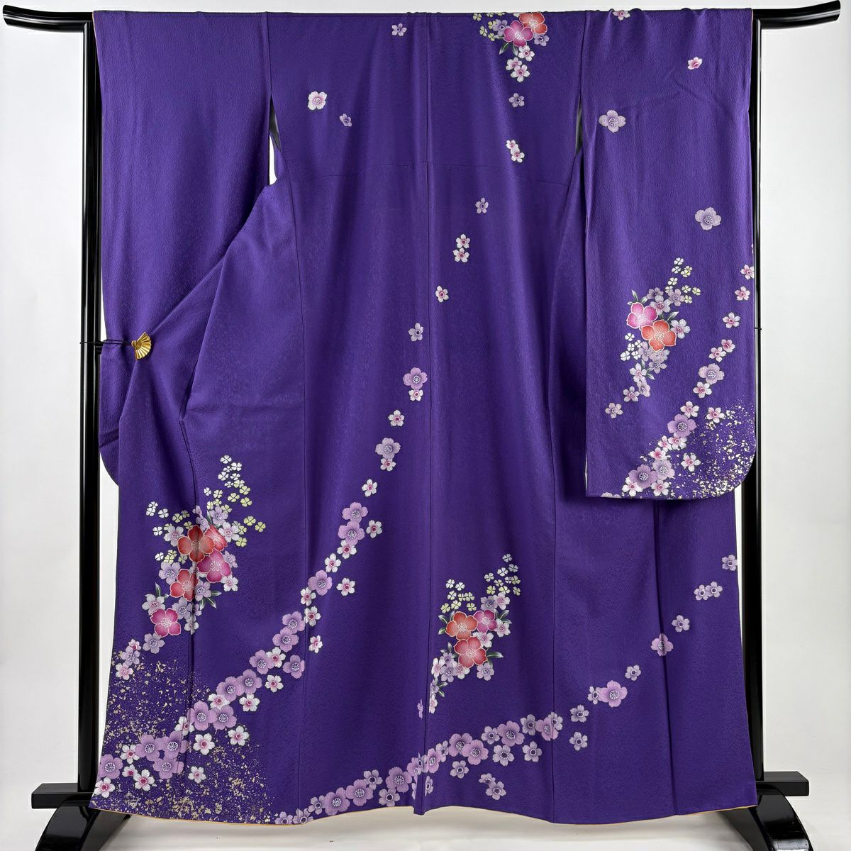 振袖禮服 身長161cm 袖長66cm M 雙層 花 櫻花 金銀彩 紫 純蠶絲 名品級