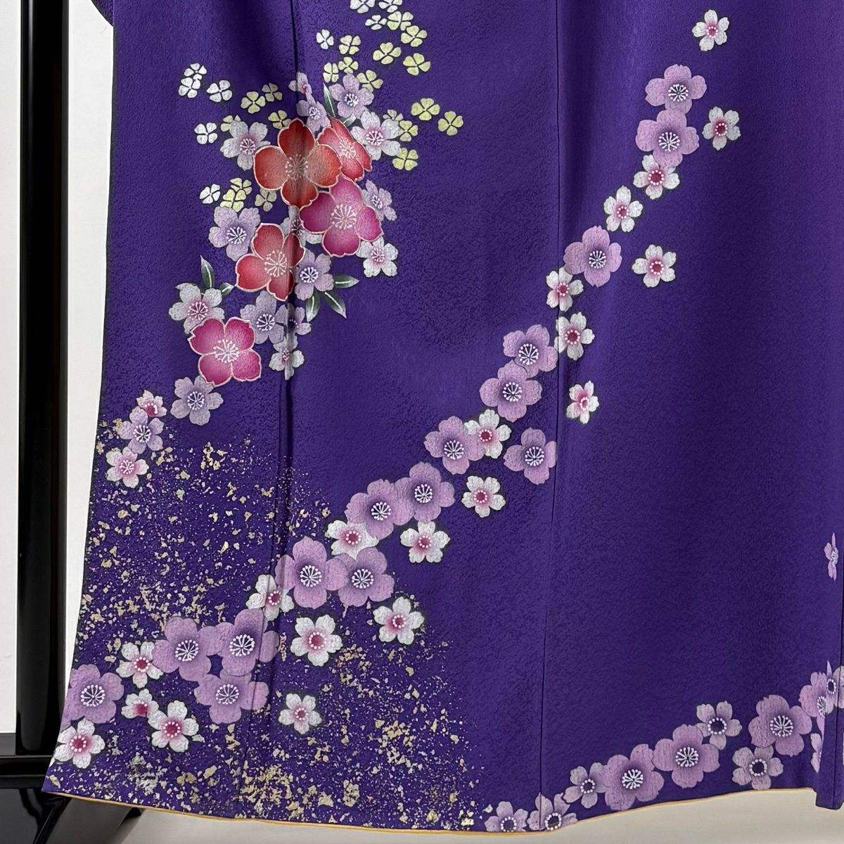 振袖禮服 身長161cm 袖長66cm M 雙層 花 櫻花 金銀彩 紫 純蠶絲 名品級
