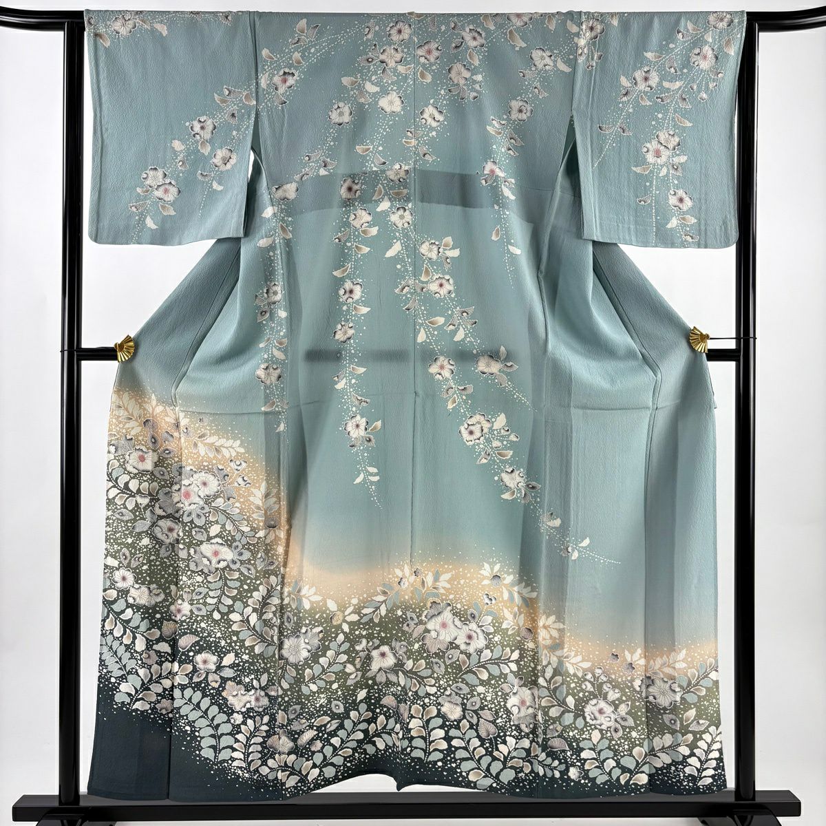 訪問服 身長157cm 袖長64.5cm M 單層 辻花染 分色 青綠 純蠶絲 名品級