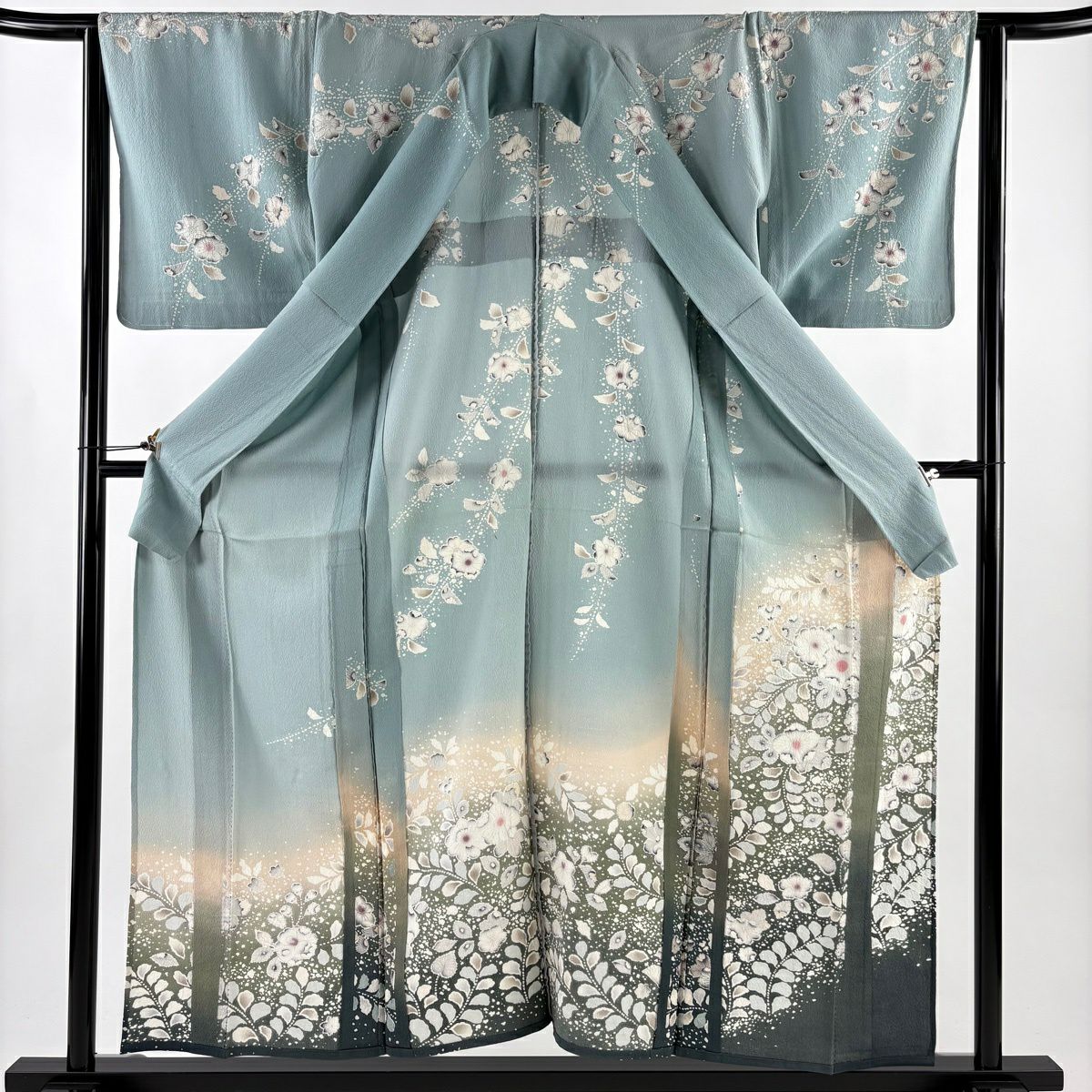 訪問服 身長157cm 袖長64.5cm M 單層 辻花染 分色 青綠 純蠶絲 名品級