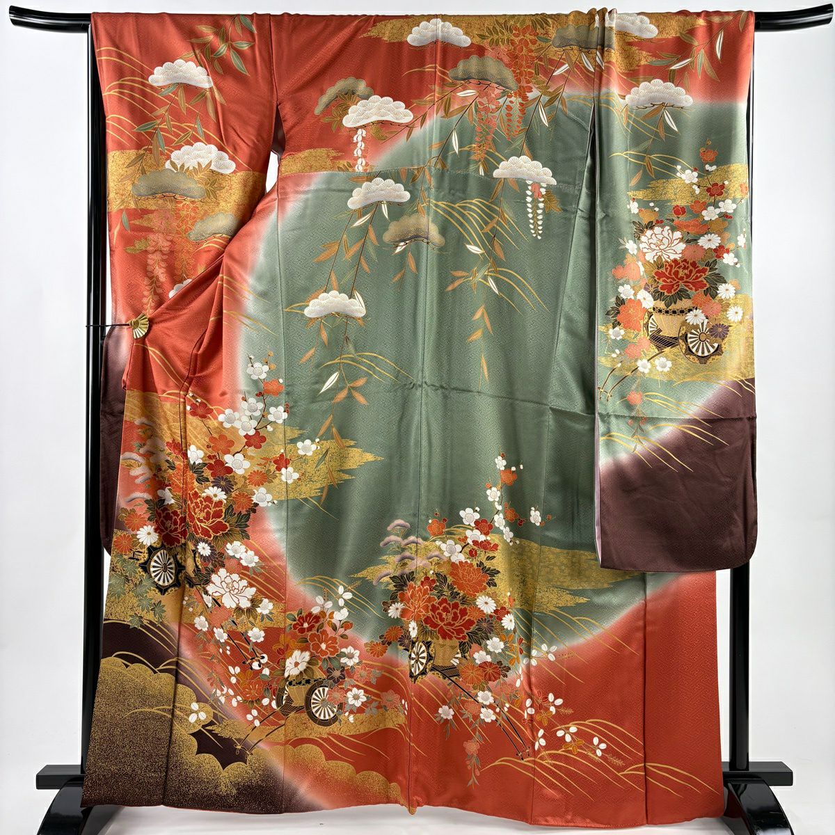 振袖禮服 身長165cm 袖長70.5cm L 雙層 花車 波 金絲 金銀彩 朱 純蠶絲 名品級