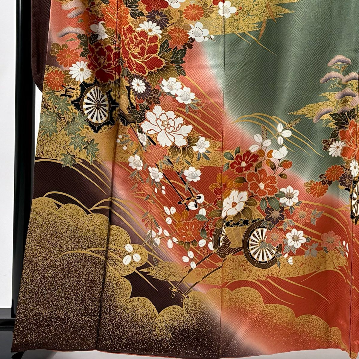 振袖禮服 身長165cm 袖長70.5cm L 雙層 花車 波 金絲 金銀彩 朱 純蠶絲 名品級