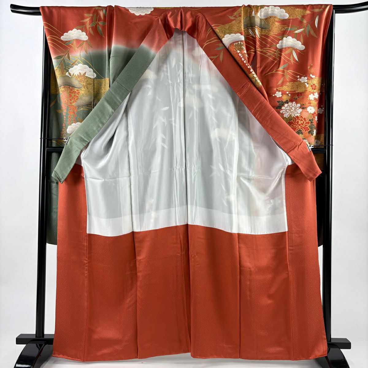 振袖禮服 身長165cm 袖長70.5cm L 雙層 花車 波 金絲 金銀彩 朱 純蠶絲 名品級