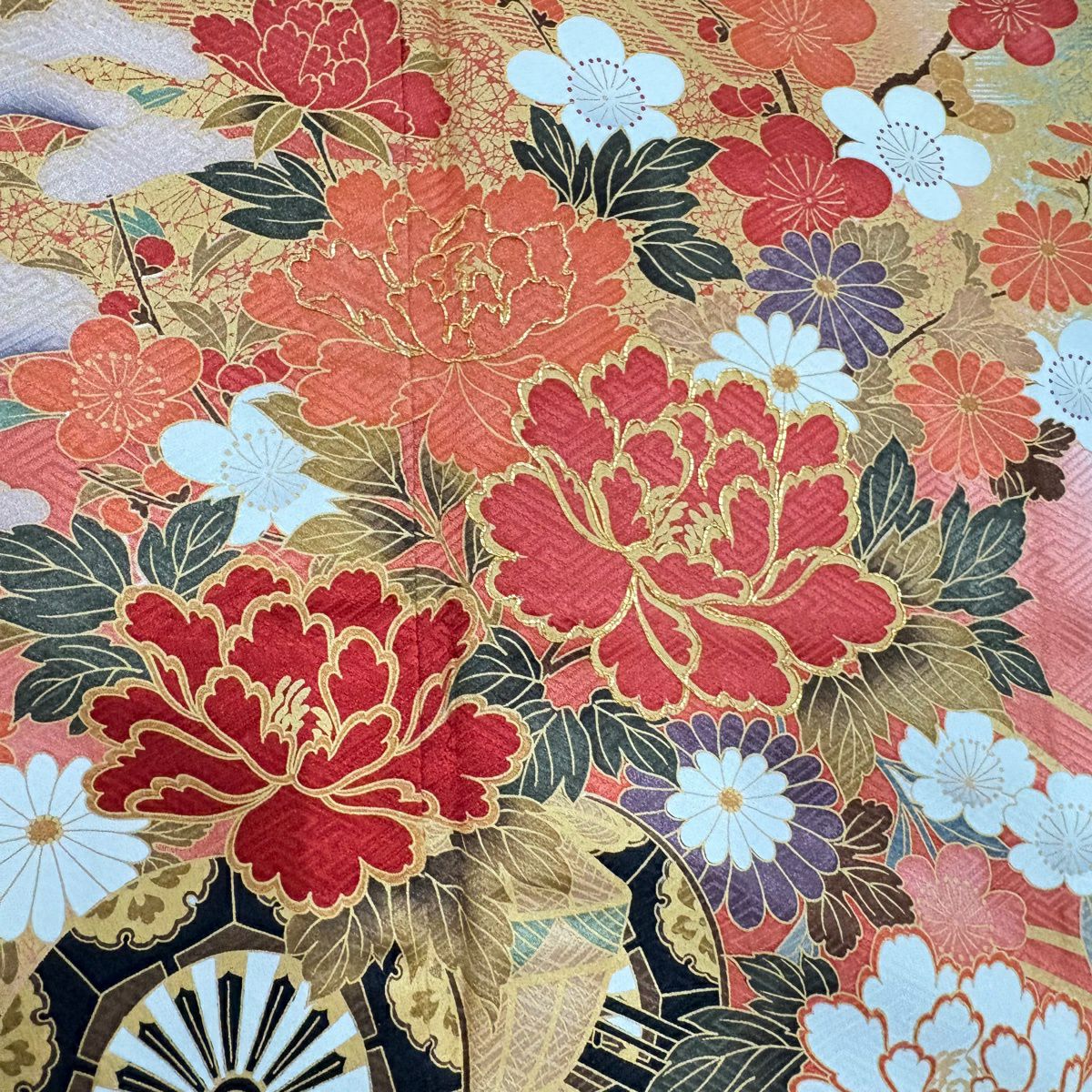 振袖禮服 身長165cm 袖長70.5cm L 雙層 花車 波 金絲 金銀彩 朱 純蠶絲 名品級