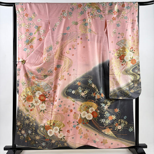 振袖禮服 身長157cm 袖長66cm M 雙層 檜扇子 櫻花 金絲 金銀彩 粉色 純蠶絲 名品級
