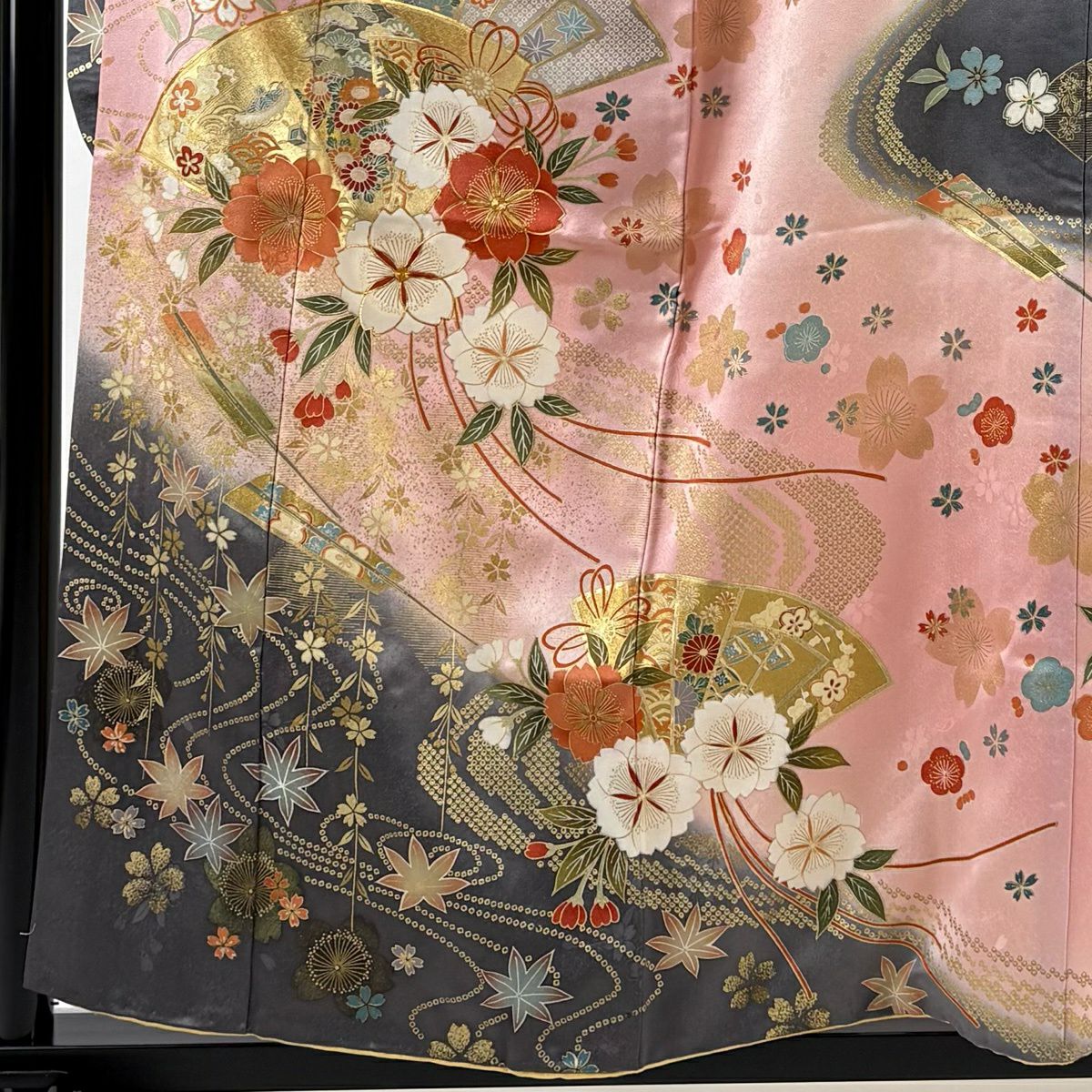 振袖禮服 身長157cm 袖長66cm M 雙層 檜扇子 櫻花 金絲 金銀彩 粉色 純蠶絲 名品級