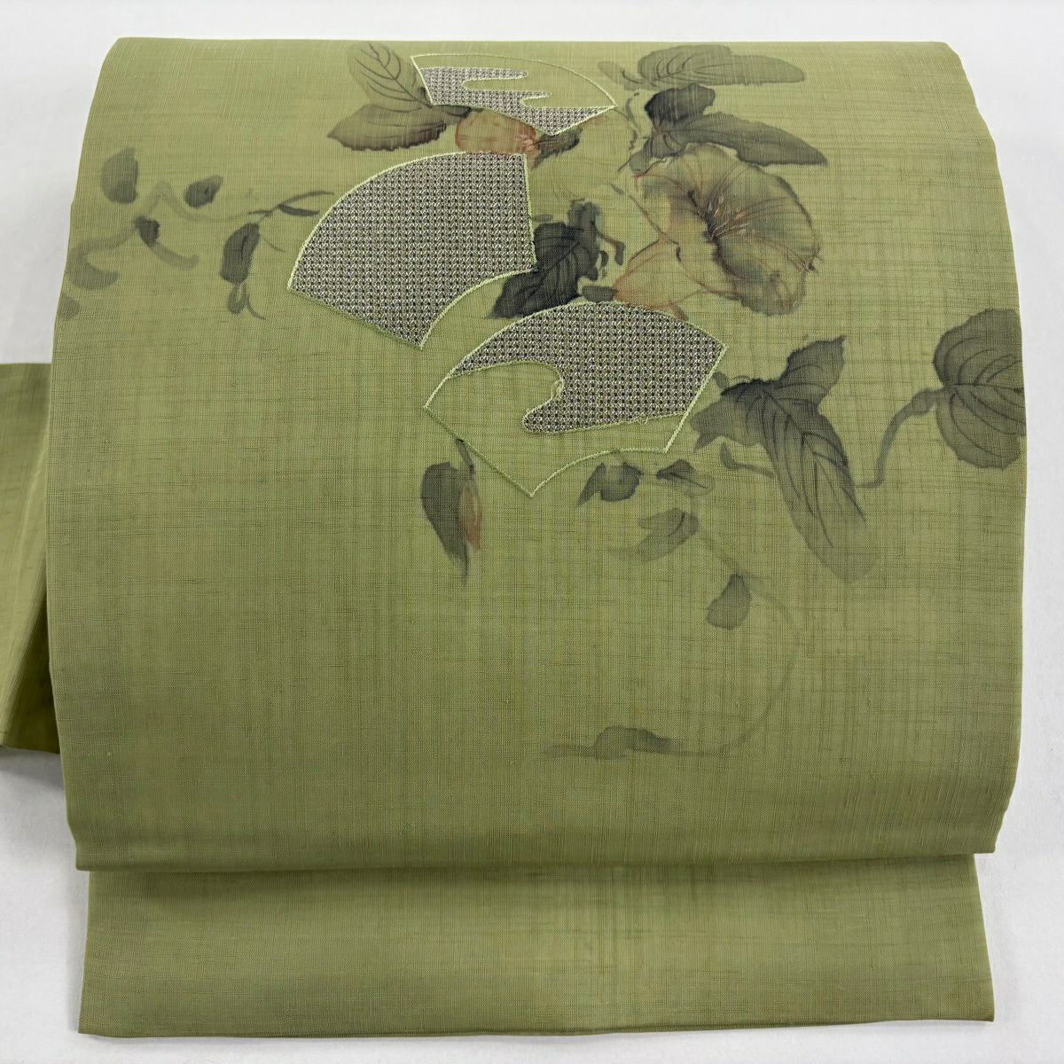名古屋帶 秀品級 扇子面 朝顏 銀線 刺繡 淺綠 純蠶絲