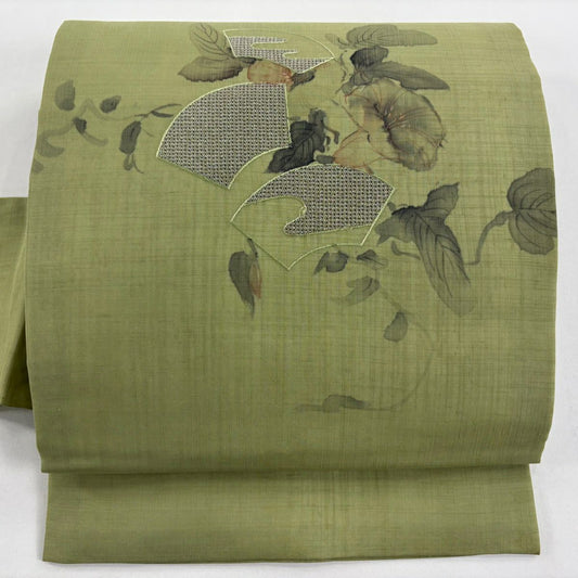 名古屋帶 秀品級 扇子面 朝顏 銀線 刺繡 淺綠 純蠶絲