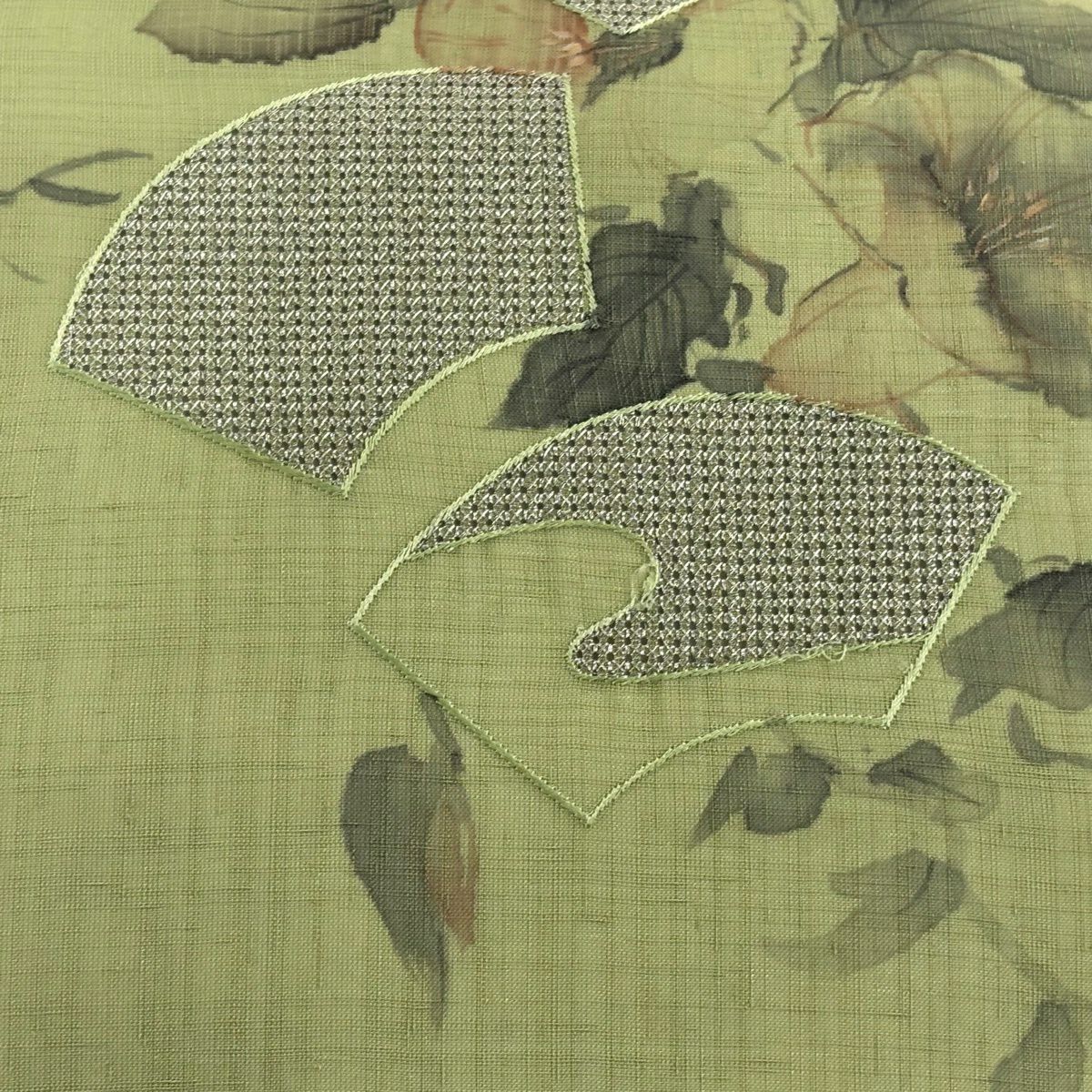 名古屋帶 秀品級 扇子面 朝顏 銀線 刺繡 淺綠 純蠶絲