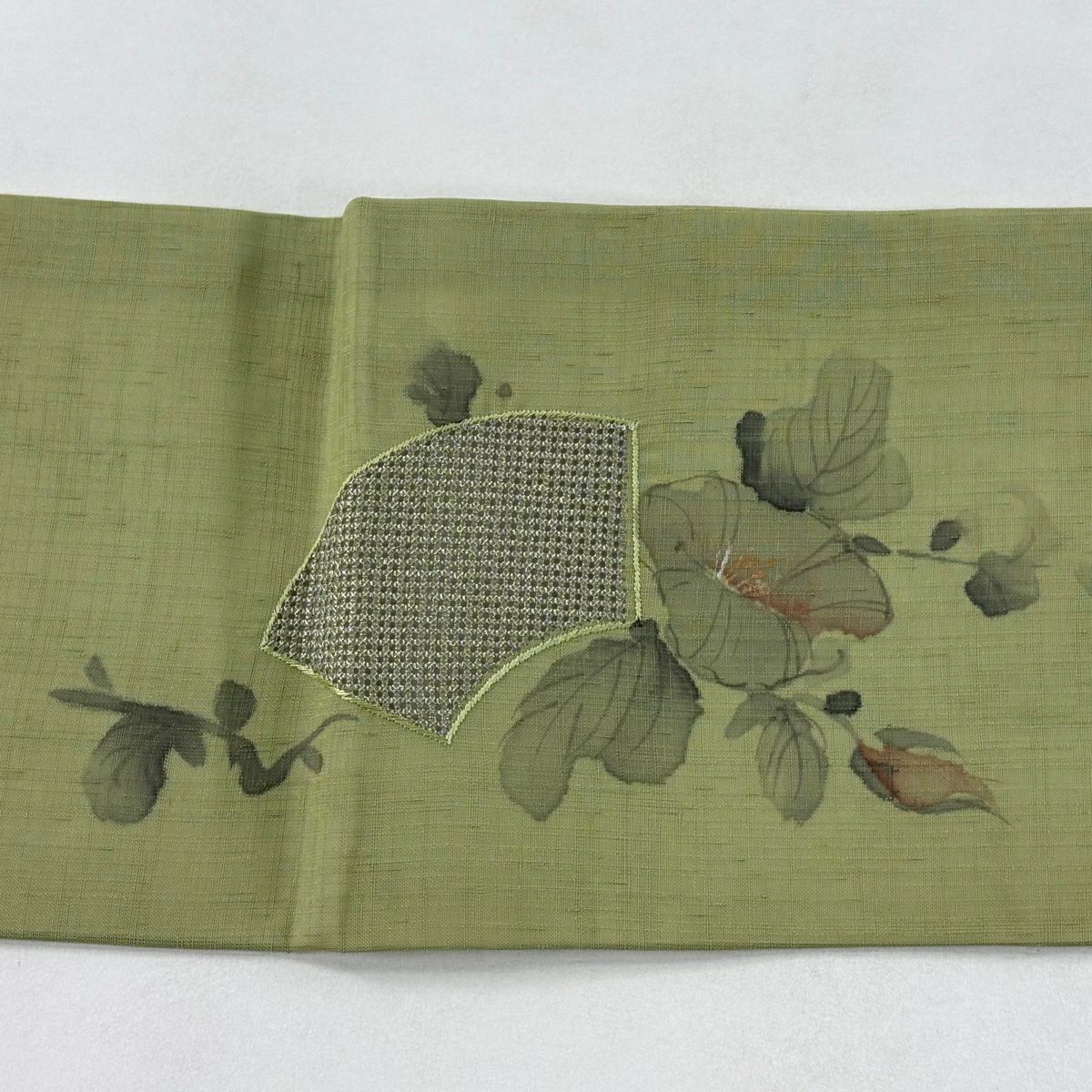 名古屋帶 秀品級 扇子面 朝顏 銀線 刺繡 淺綠 純蠶絲