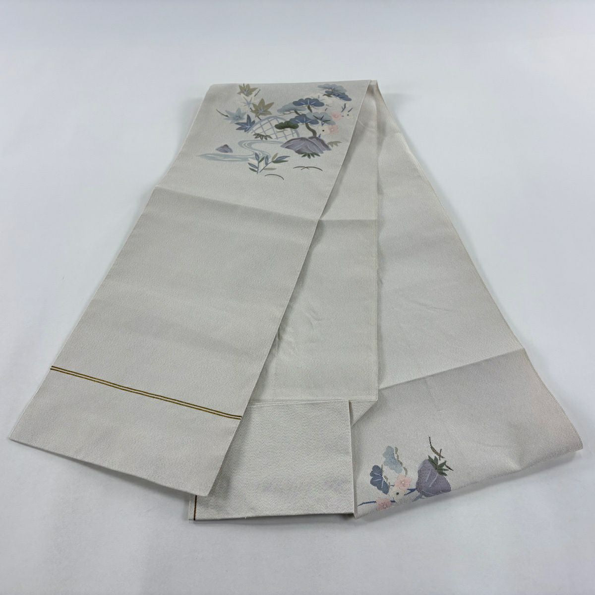 名古屋帶 秀品級 松樹竹子梅花 流水 金銀彩 白 純蠶絲