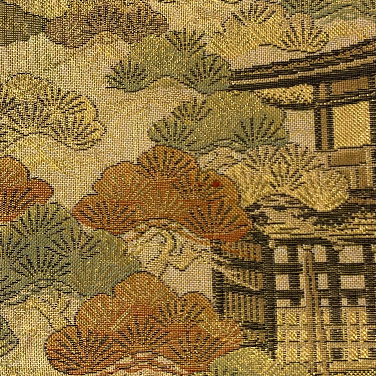 【美品】 袋帶 秀品級 風景 建物 金金箔 金色 六通 純蠶絲