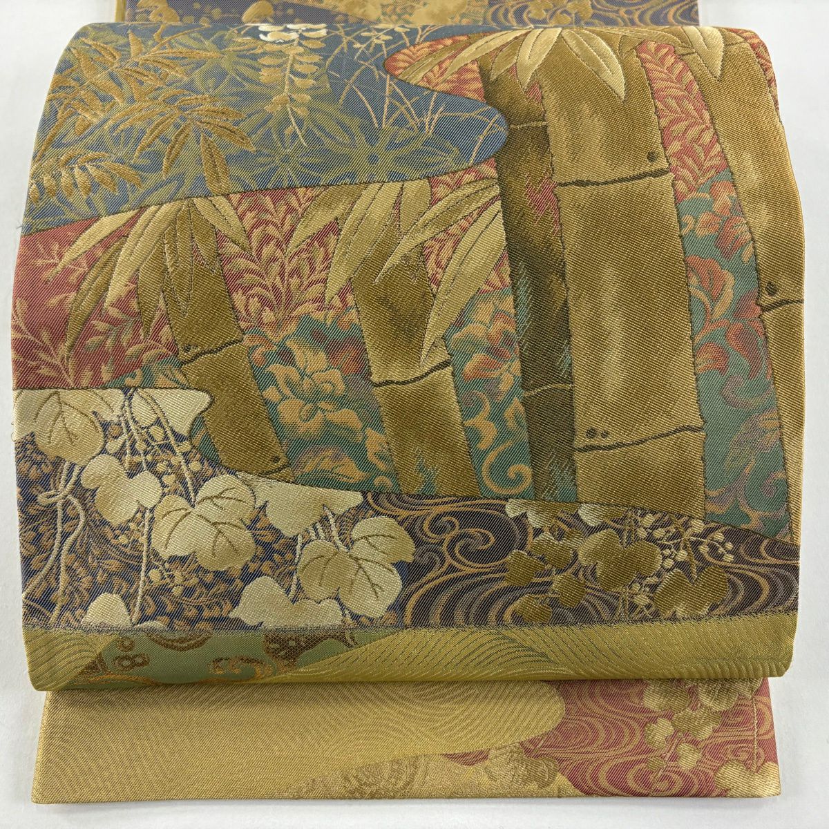 【美品】 袋帶 秀品級 竹子 草花紋 金金箔 黃土 素材 純蠶絲