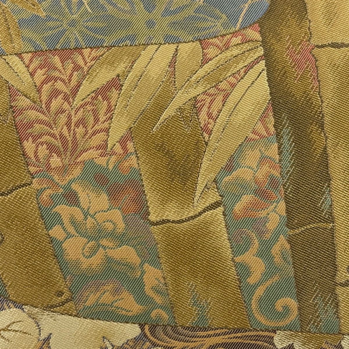 【美品】 袋帶 秀品級 竹子 草花紋 金金箔 黃土 素材 純蠶絲