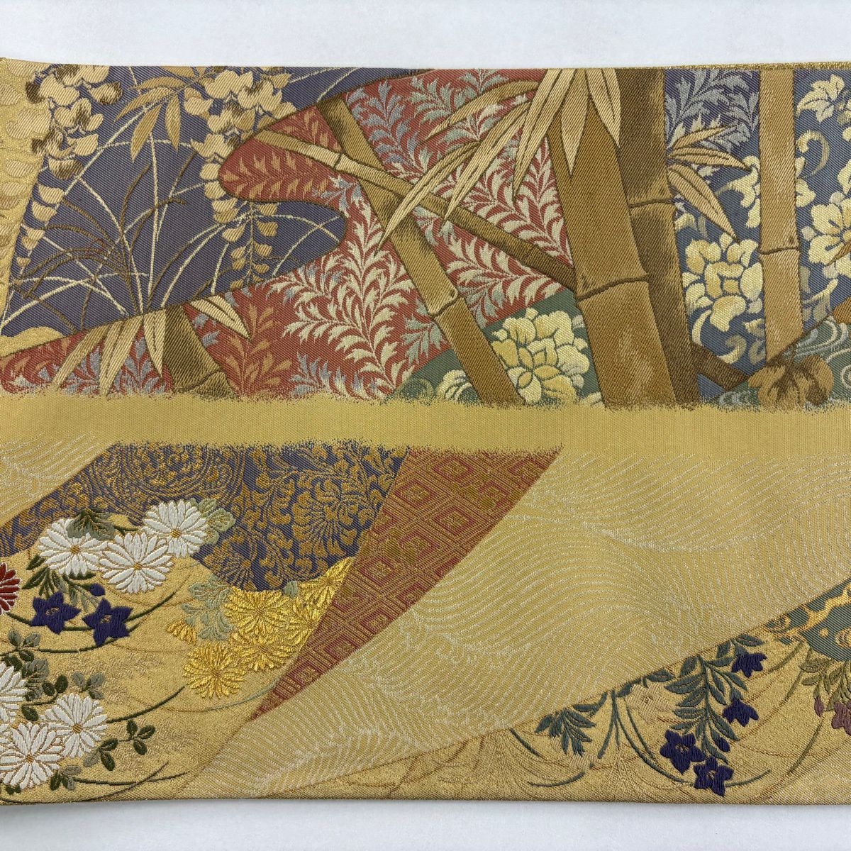 【美品】 袋帶 秀品級 竹子 草花紋 金金箔 黃土 素材 純蠶絲
