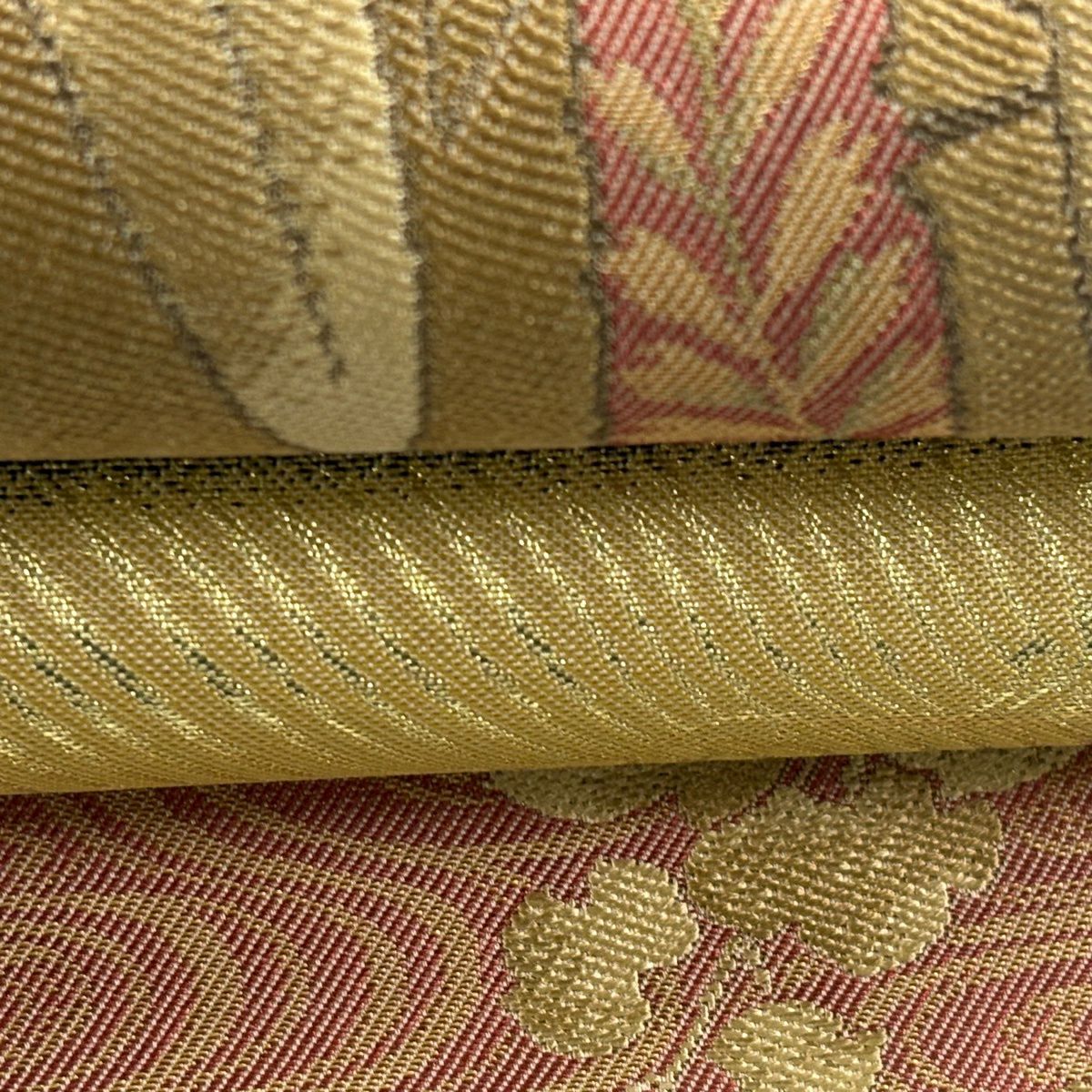 【美品】 袋帶 秀品級 竹子 草花紋 金金箔 黃土 素材 純蠶絲