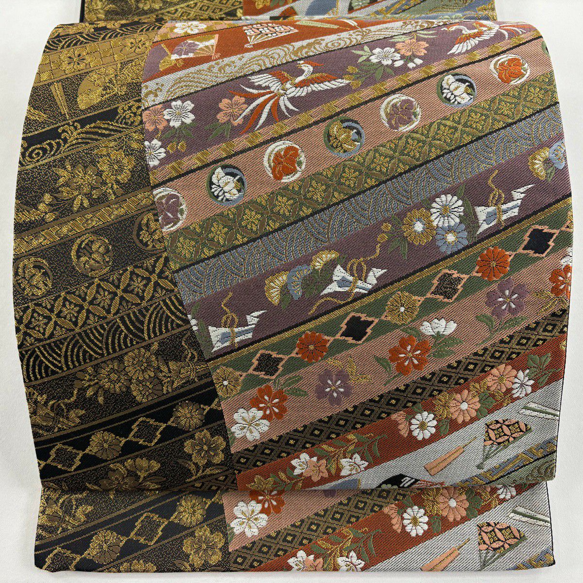 【美品】 袋帶 秀品級 花鳥 扇子 金絲 金金箔 紫 六通 純蠶絲