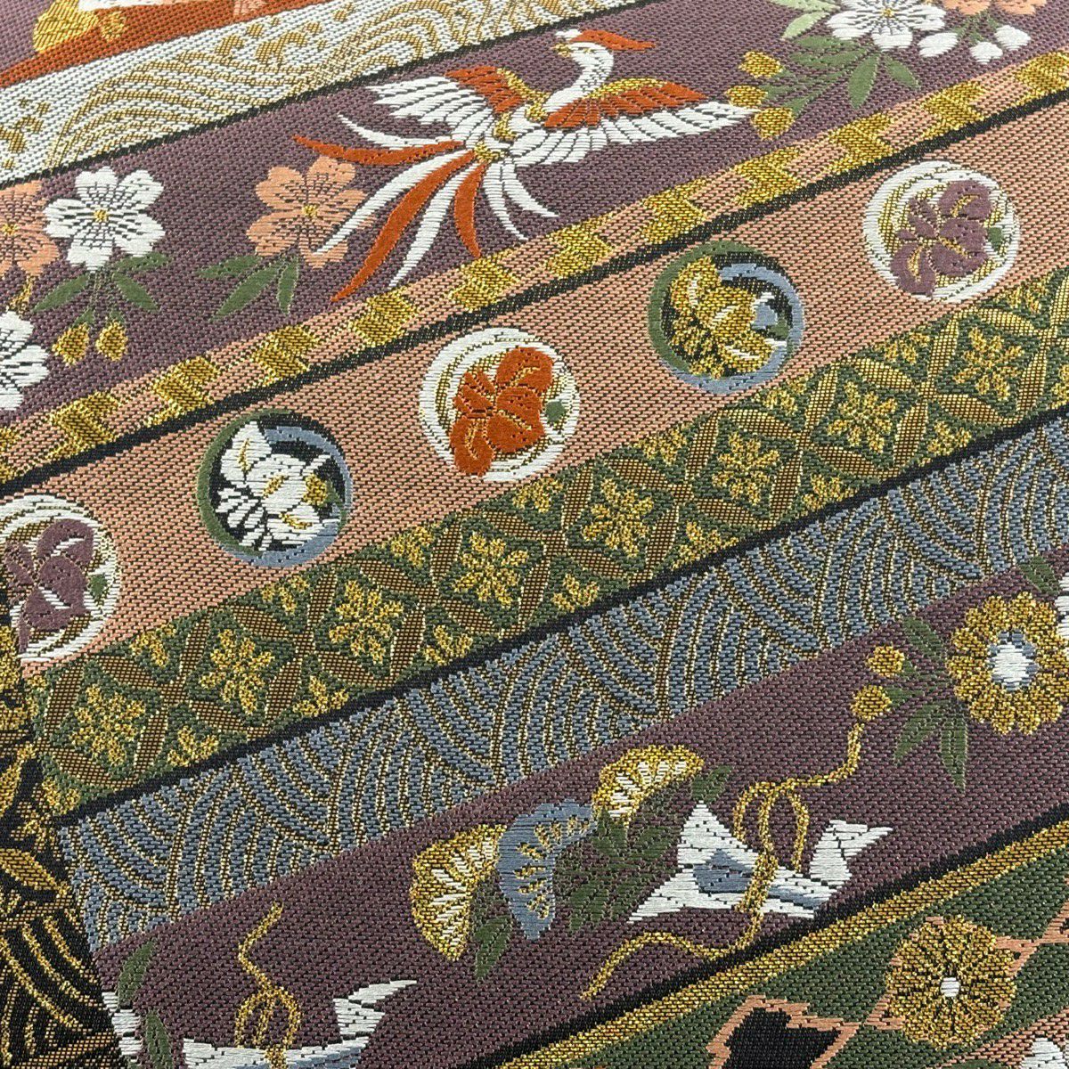 【美品】 袋帶 秀品級 花鳥 扇子 金絲 金金箔 紫 六通 純蠶絲