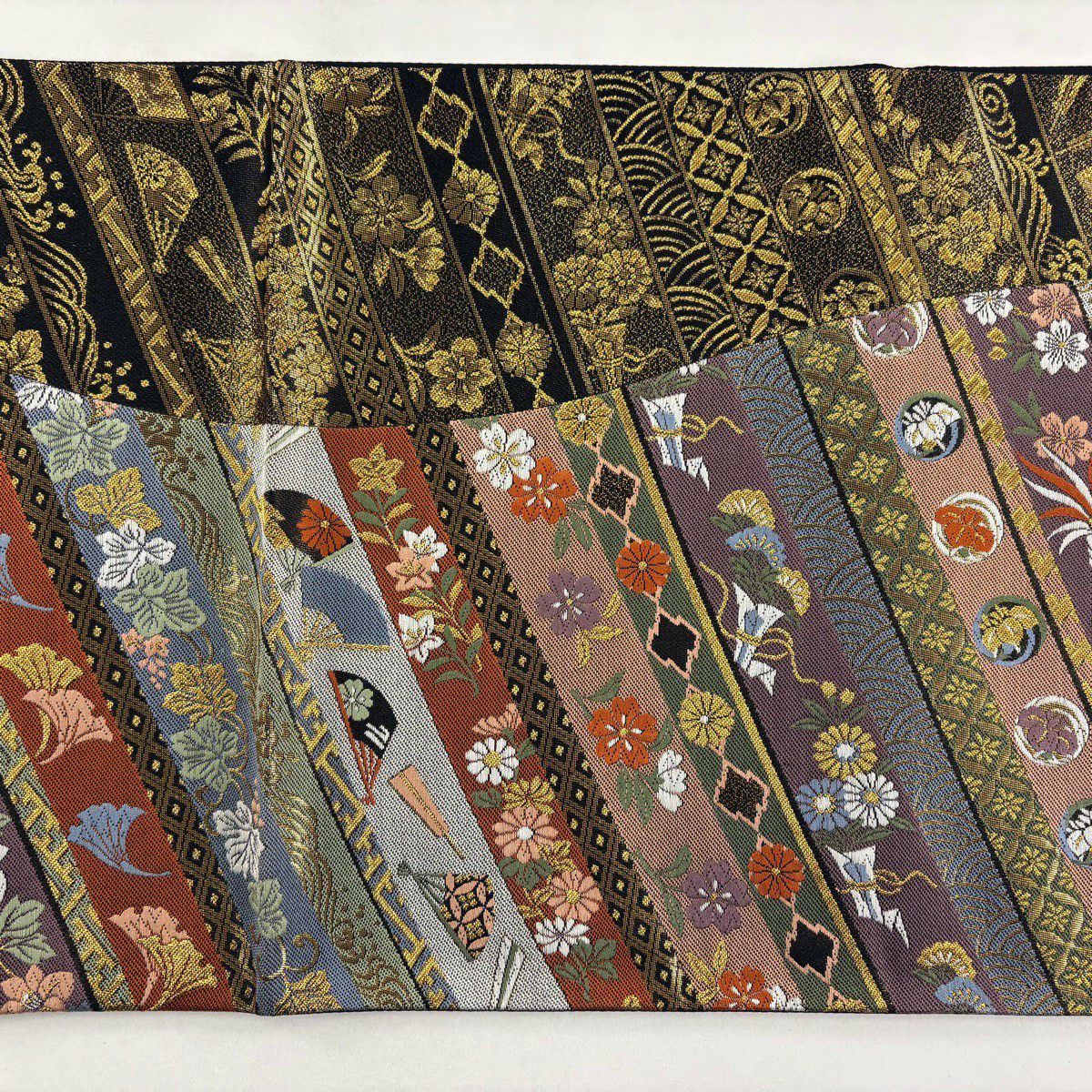 【美品】 袋帶 秀品級 花鳥 扇子 金絲 金金箔 紫 六通 純蠶絲