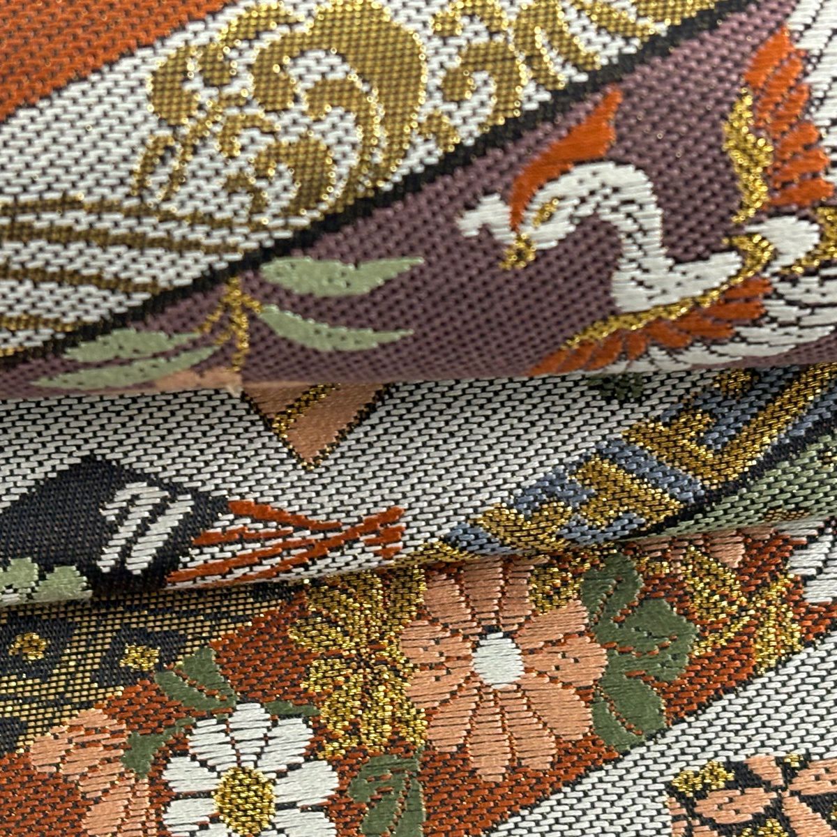 【美品】 袋帶 秀品級 花鳥 扇子 金絲 金金箔 紫 六通 純蠶絲