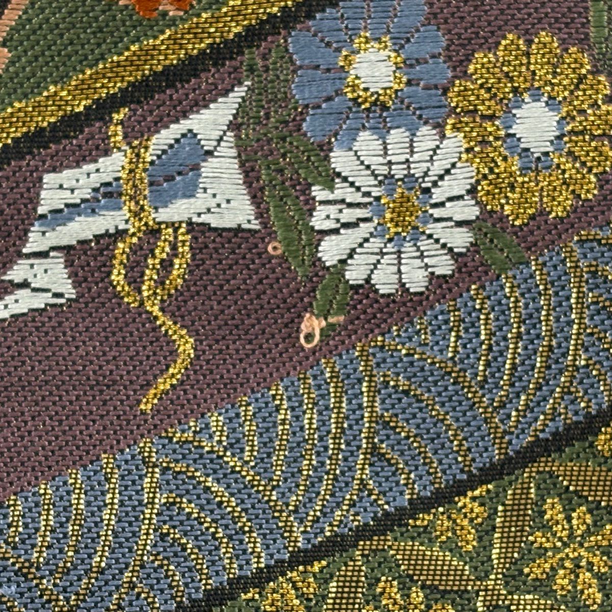 【美品】 袋帶 秀品級 花鳥 扇子 金絲 金金箔 紫 六通 純蠶絲