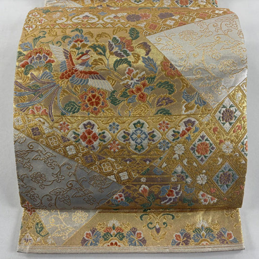 袋帶 秀品級 關西仕立 華紋 鳥 金絲 金金箔 金 六通 純蠶絲