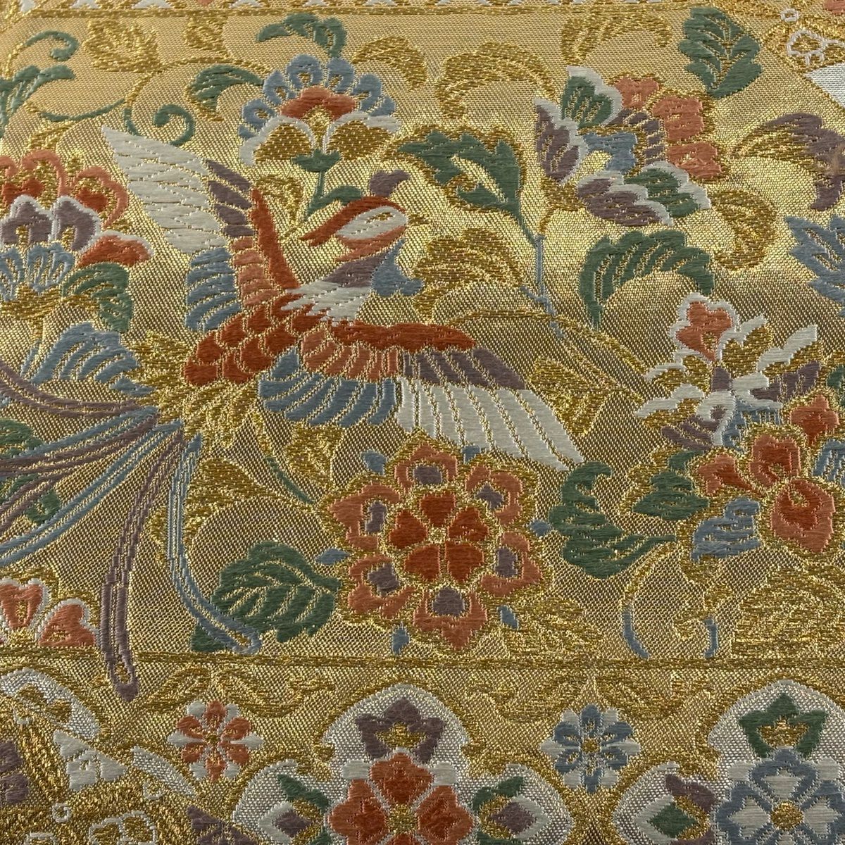 袋帶 秀品級 關西仕立 華紋 鳥 金絲 金金箔 金 六通 純蠶絲