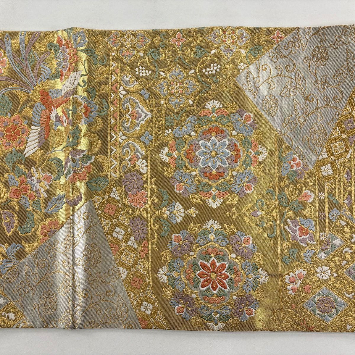 袋帶 秀品級 關西仕立 華紋 鳥 金絲 金金箔 金 六通 純蠶絲