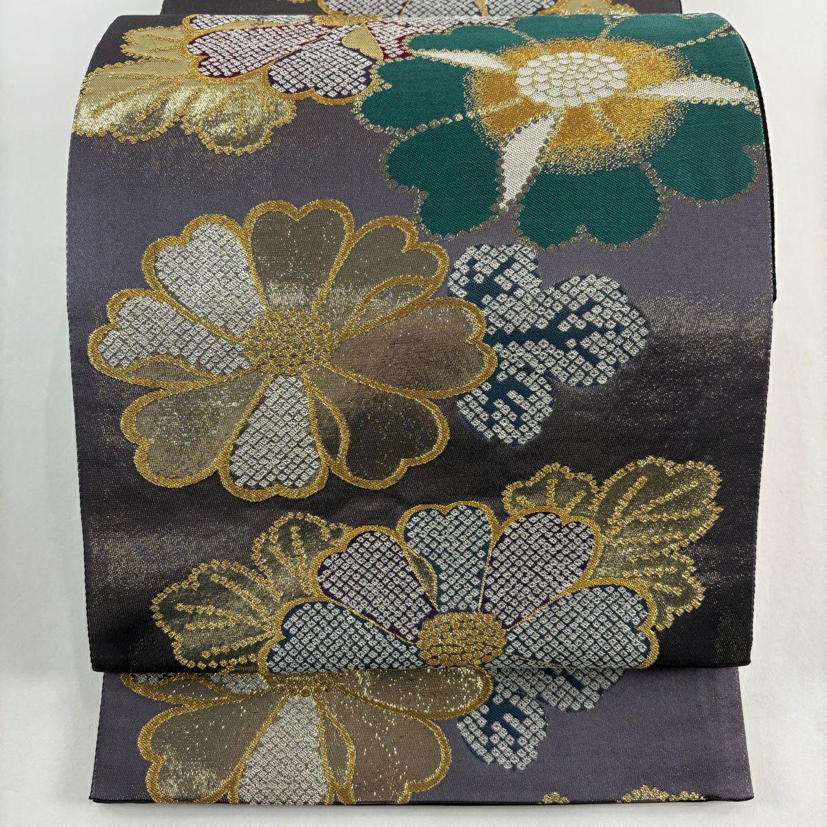 【美品】 袋帶 秀品級 菊花 疋田紋 金金箔 灰紫 六通 純蠶絲