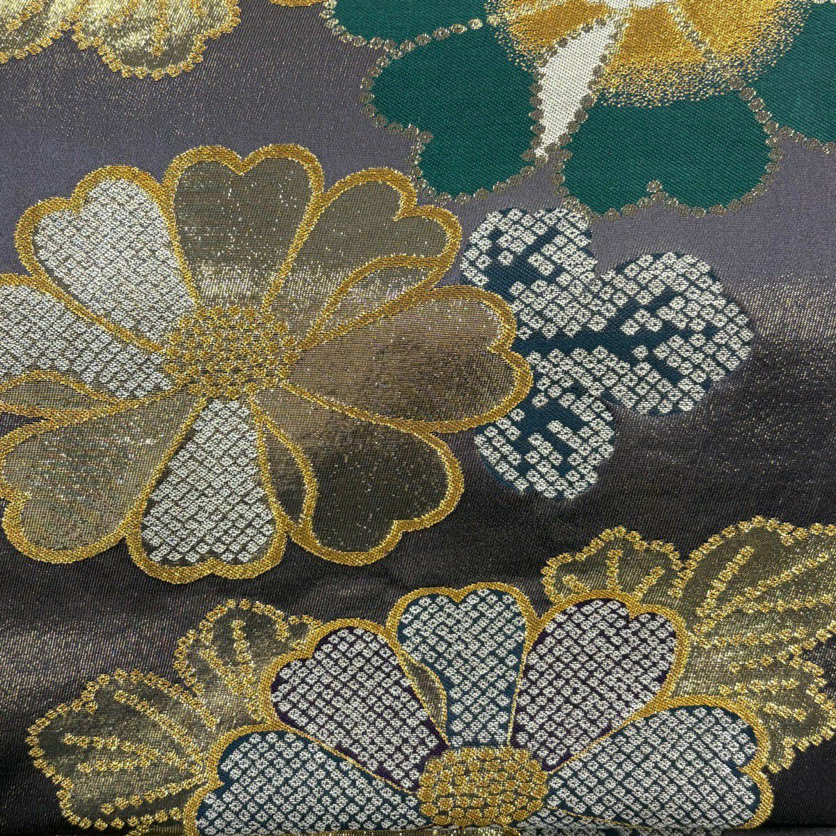 【美品】 袋帶 秀品級 菊花 疋田紋 金金箔 灰紫 六通 純蠶絲