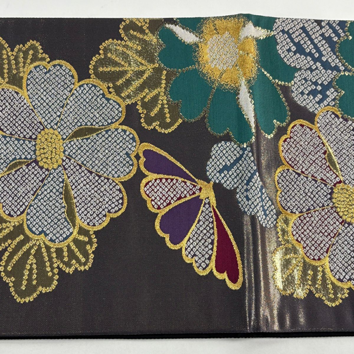 【美品】 袋帶 秀品級 菊花 疋田紋 金金箔 灰紫 六通 純蠶絲