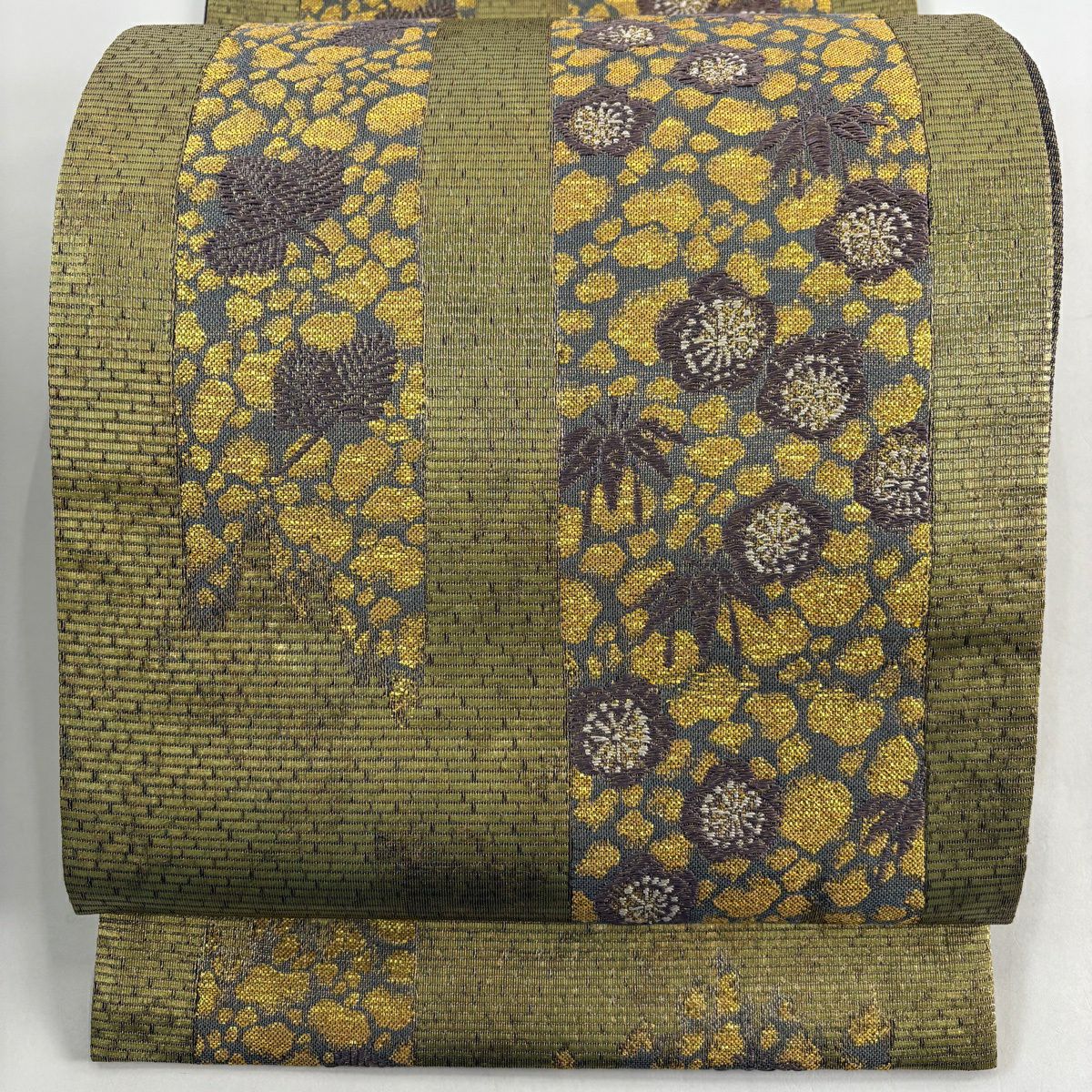 【美品】 袋帶 秀品級 松樹竹子梅花 短冊 金糸 金金箔 茶綠 六通 純蠶絲