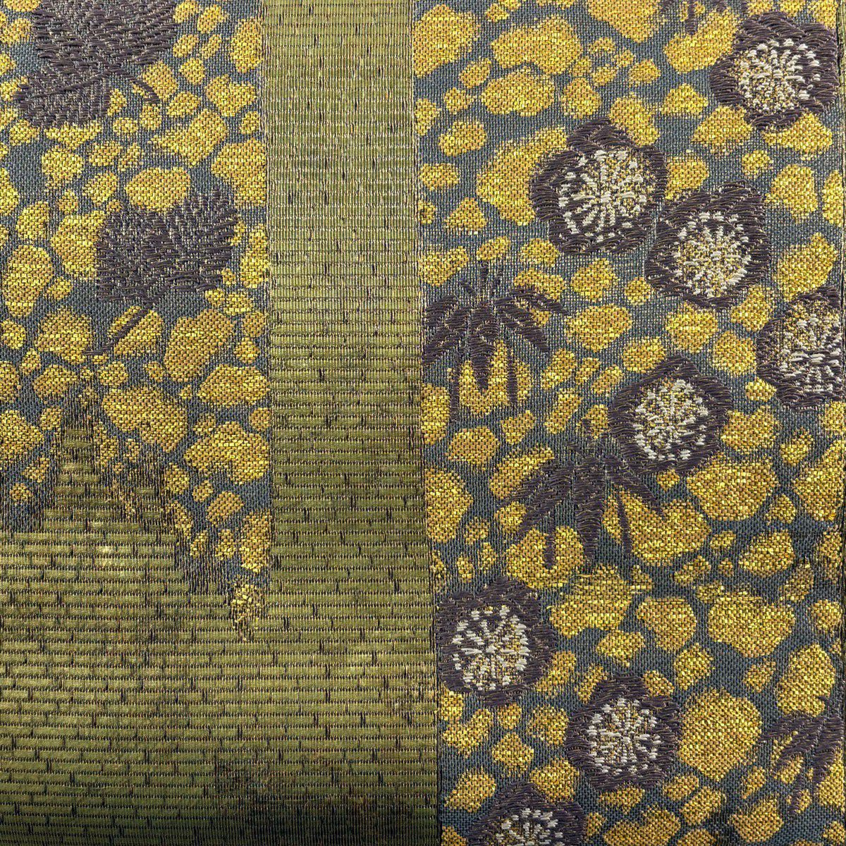 【美品】 袋帶 秀品級 松樹竹子梅花 短冊 金糸 金金箔 茶綠 六通 純蠶絲