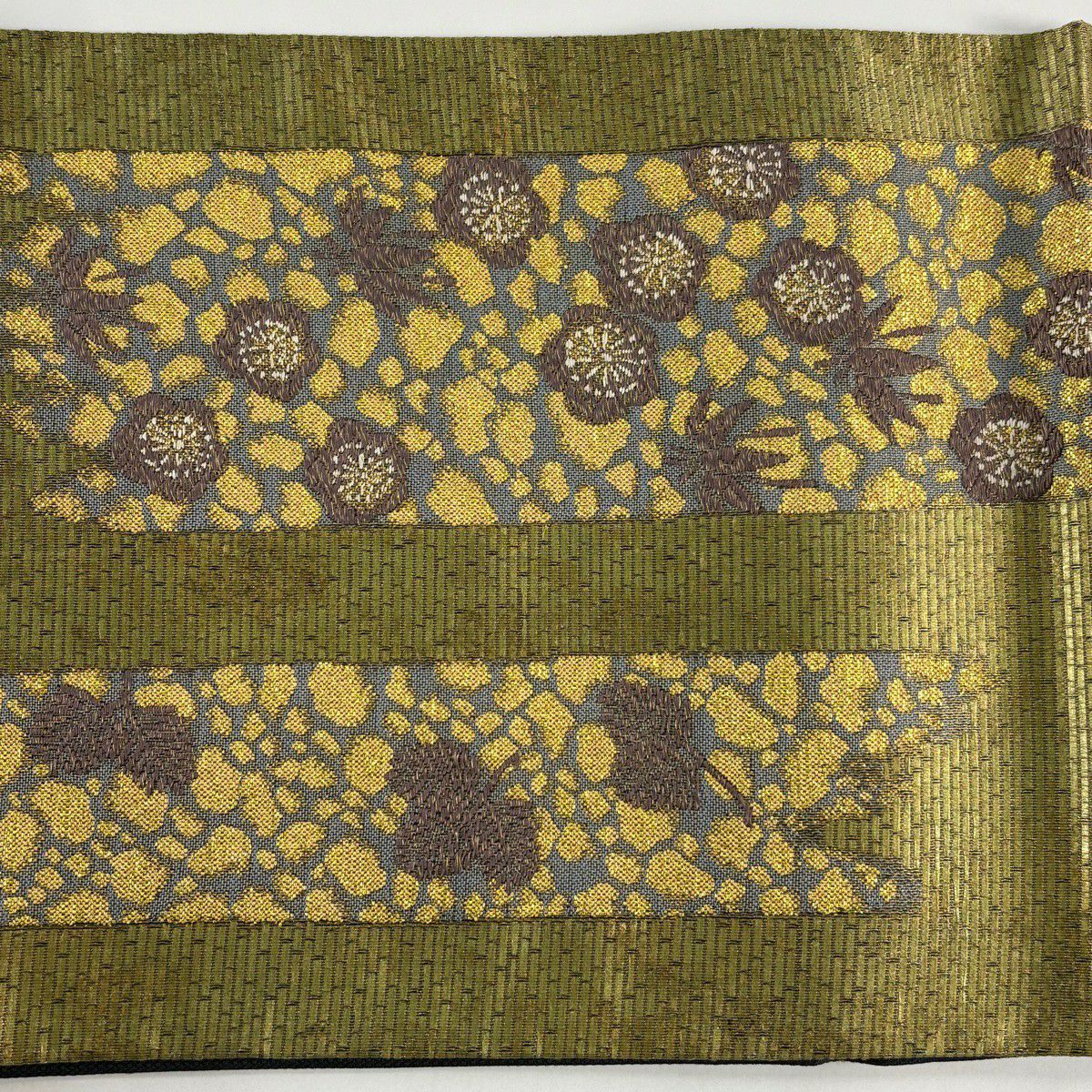 【美品】 袋帶 秀品級 松樹竹子梅花 短冊 金糸 金金箔 茶綠 六通 純蠶絲