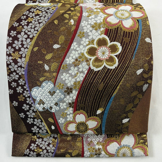 袋帶 秀品級 鈴乃屋櫻花花瓣 金絲 唐織 茶紫 六通 純蠶絲