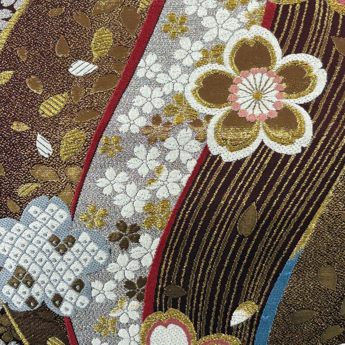 袋帶 秀品級 鈴乃屋櫻花花瓣 金絲 唐織 茶紫 六通 純蠶絲