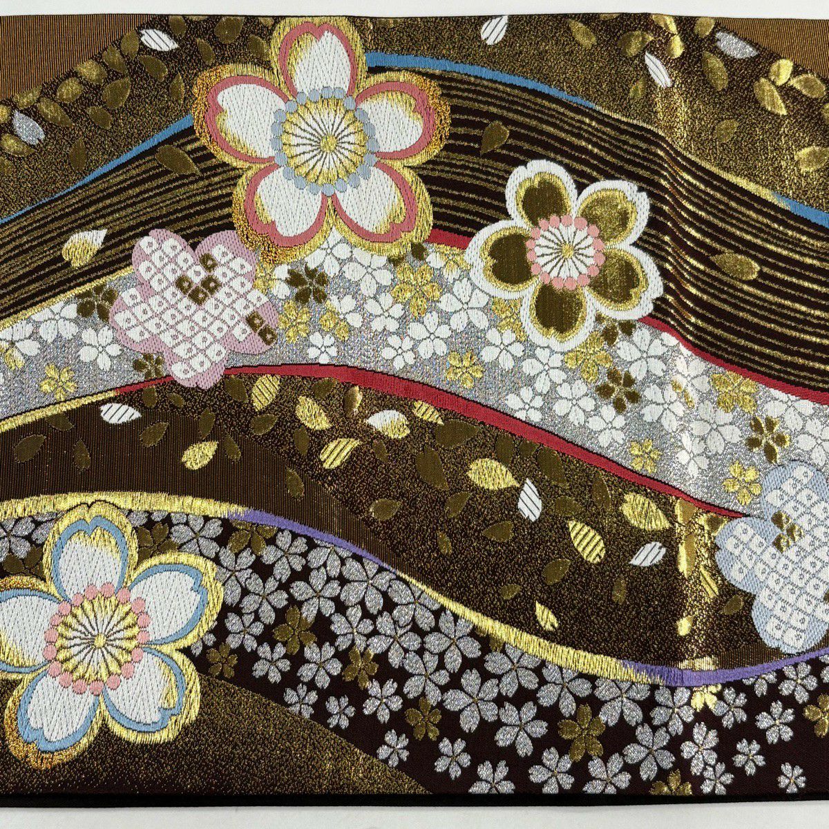 袋帶 秀品級 鈴乃屋櫻花花瓣 金絲 唐織 茶紫 六通 純蠶絲