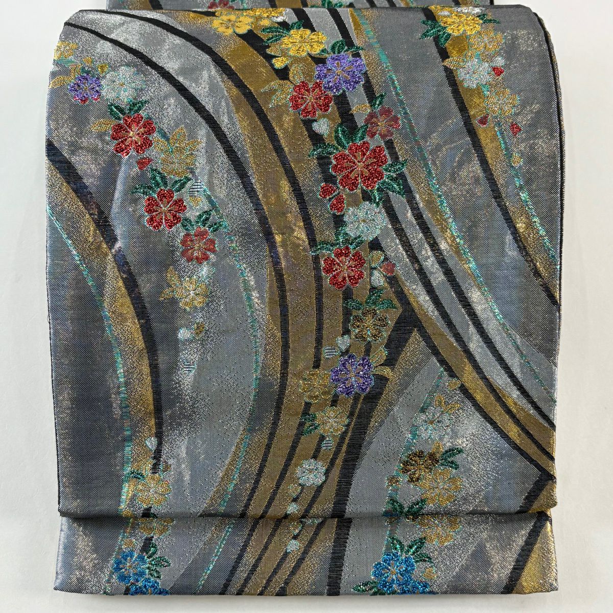 【美品】 袋帶 秀品級 樱花 亂條 金金箔 青灰 六通 純蠶絲