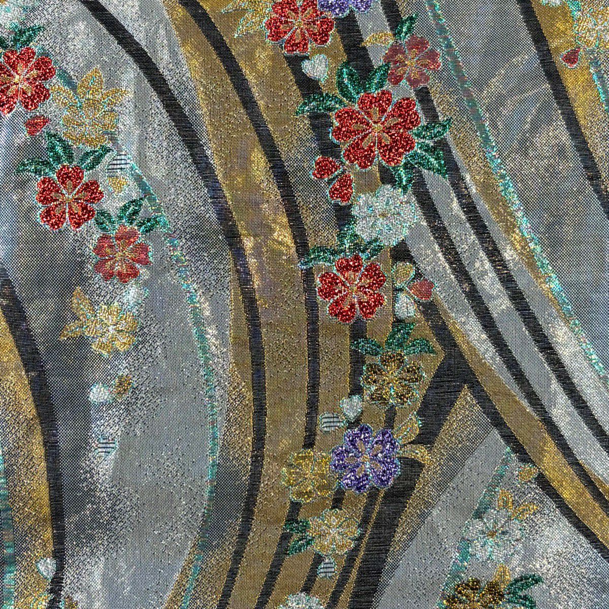 【美品】 袋帶 秀品級 樱花 亂條 金金箔 青灰 六通 純蠶絲