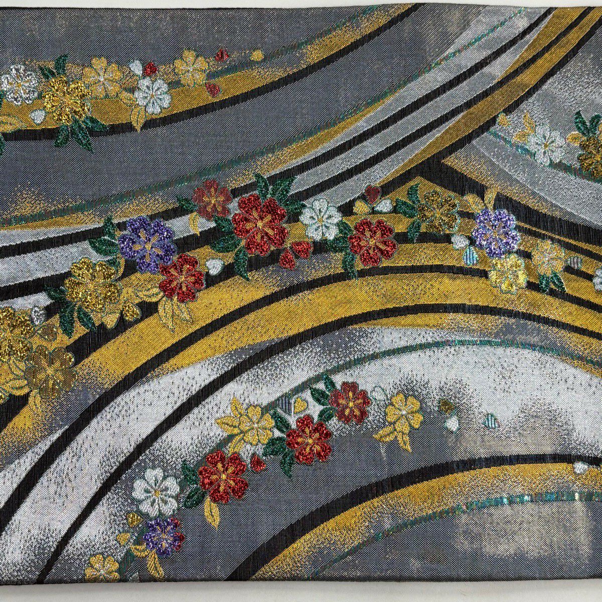 【美品】 袋帶 秀品級 樱花 亂條 金金箔 青灰 六通 純蠶絲